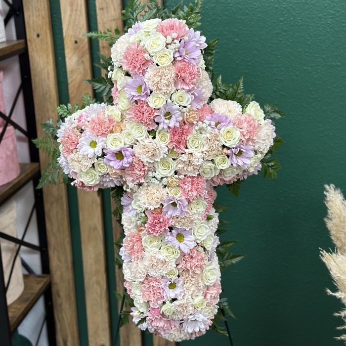 Floral Cross Funeral Tribute – Elegant Sympathy Cross Arrangement