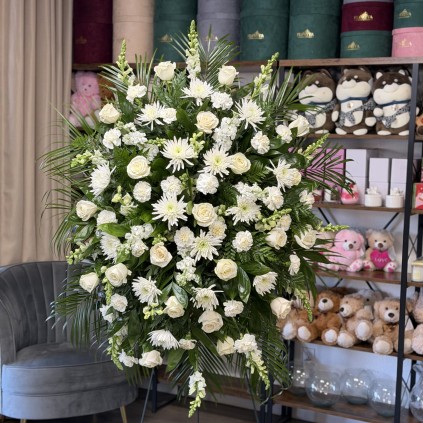 Serene White Standing Funeral Spray with Roses FloriyaFlowes