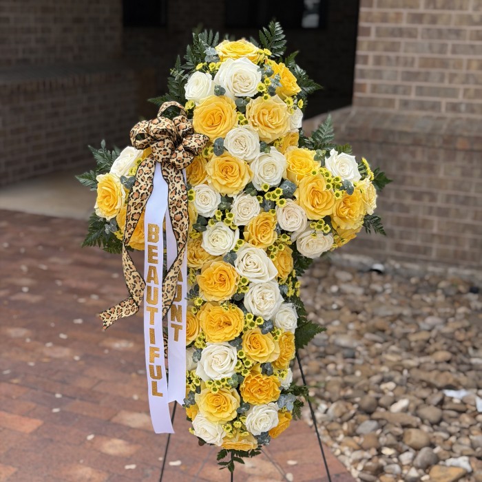 Radiant Cross — Yellow Rose Funeral Easel Arrangement