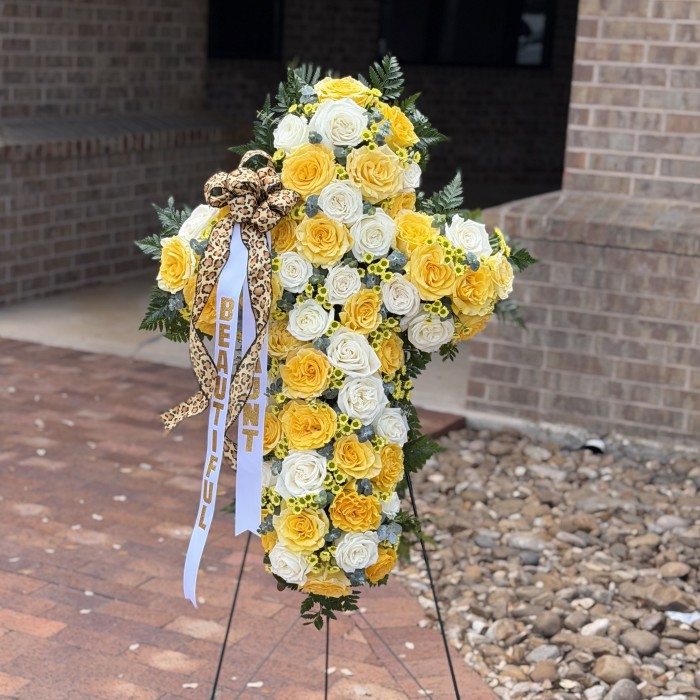 Radiant Cross — Yellow Rose Funeral Easel Arrangement