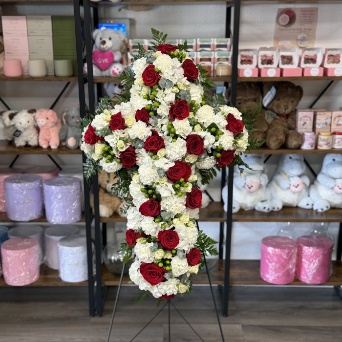 Sacred Devotion — Red Rose Funeral Cross Easel Arrangement