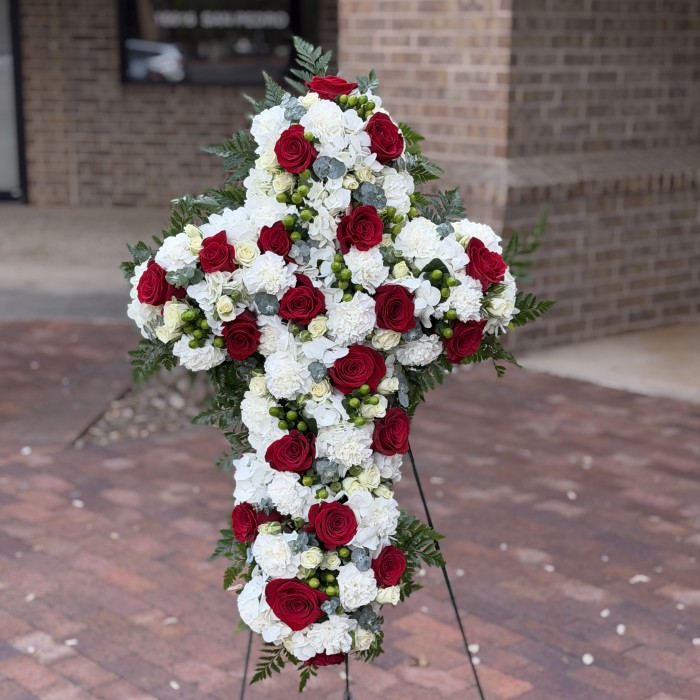 Sacred Devotion — Red Rose Funeral Cross Easel Arrangement