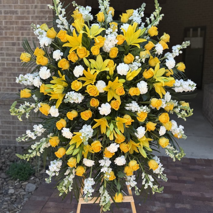 Golden Farewell — Yellow Rose & Lily Standing Funeral Spray