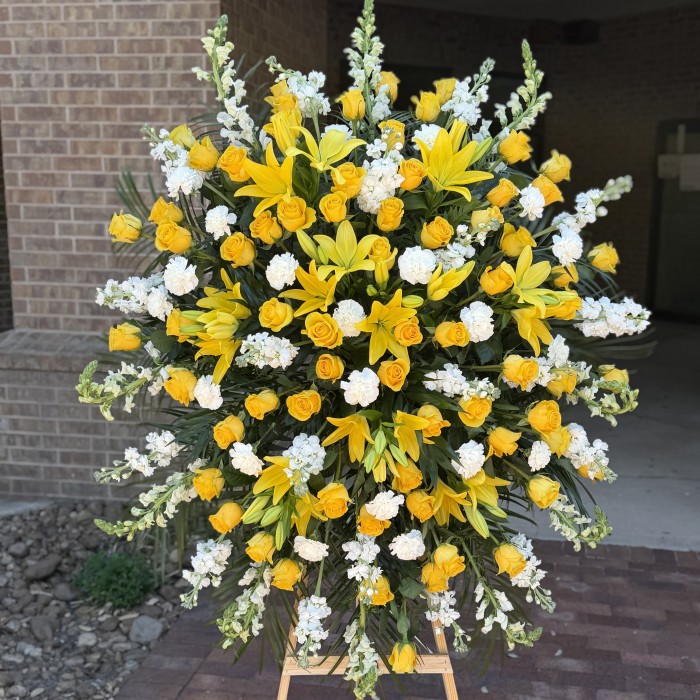 Golden Farewell — Yellow Rose & Lily Standing Funeral Spray