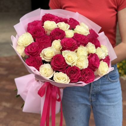 Bouquet Charm of White and Pink Roses FloriyaFlowers