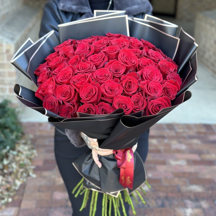 50 Premium Long Stem Roses Elegantly Wrapped in Black Paper