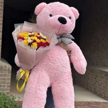 Roses Red & Yellow + Big Teddy  FloriyaFlowes