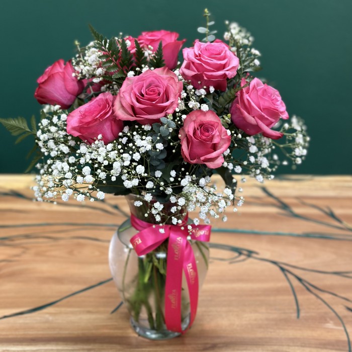 Premium Long Stem Hot Pink Roses (Vase Include)