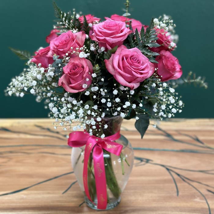 Premium Long Stem Hot Pink Roses (Vase Include)