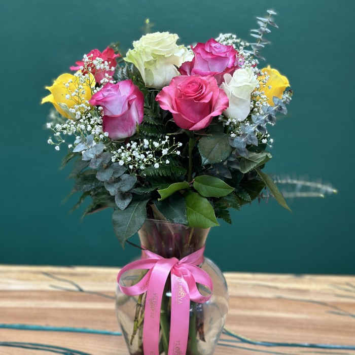 Premium Long-Stem Mixed Roses in a Vase (Vase Included)