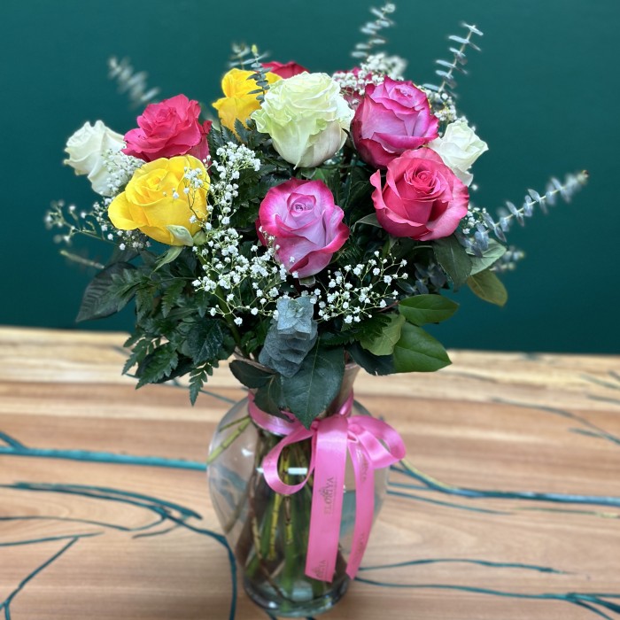 Premium Long-Stem Mixed Roses in a Vase (Vase Included)