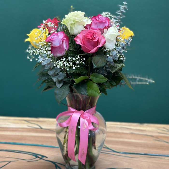 Premium Long-Stem Mixed Roses in a Vase (Vase Included)