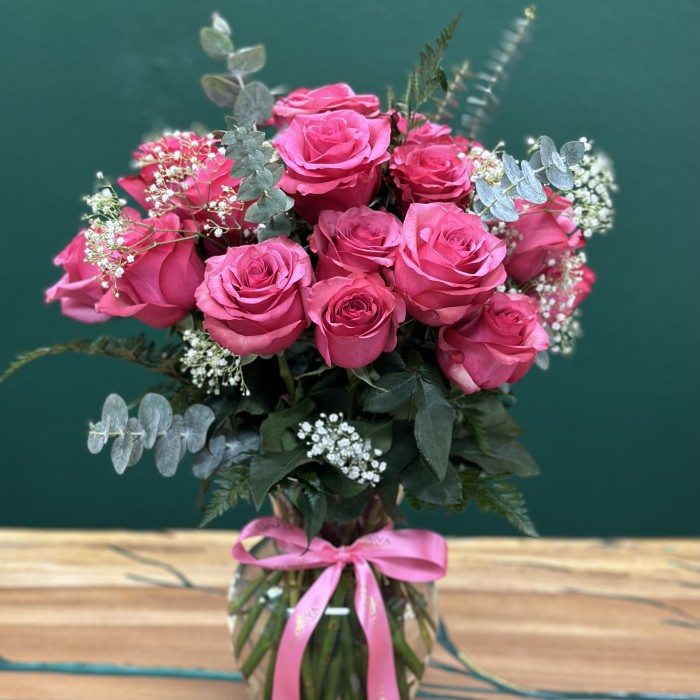 Premium Long Stem Hot Pink Roses (Vase Include)