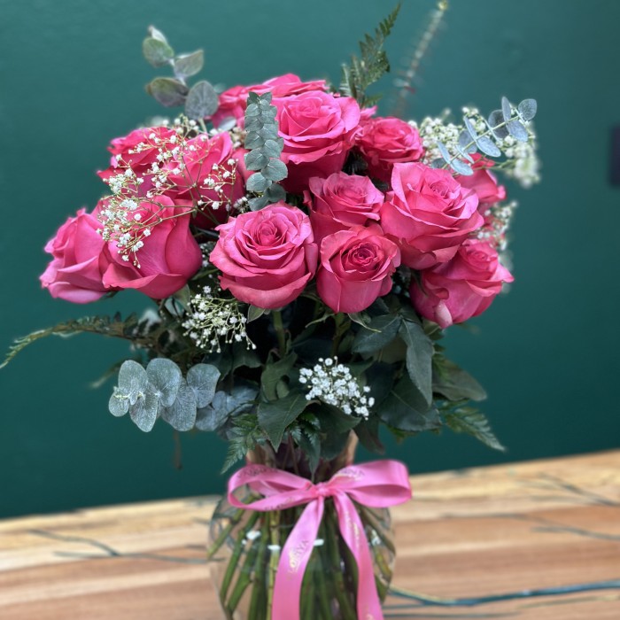 Premium Long Stem Hot Pink Roses (Vase Include)