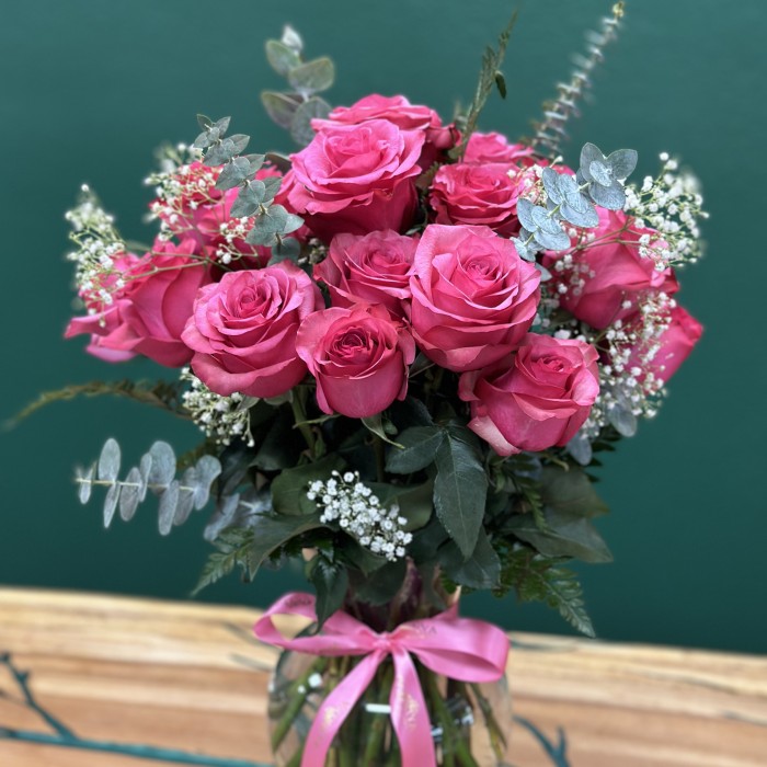 Premium Long Stem Hot Pink Roses (Vase Include)