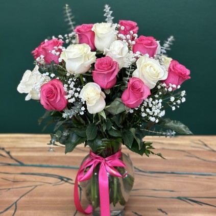 Premium Long-Stem White and Hot Pink Roses in a Vase (Vase Included) FloriyaFlowes