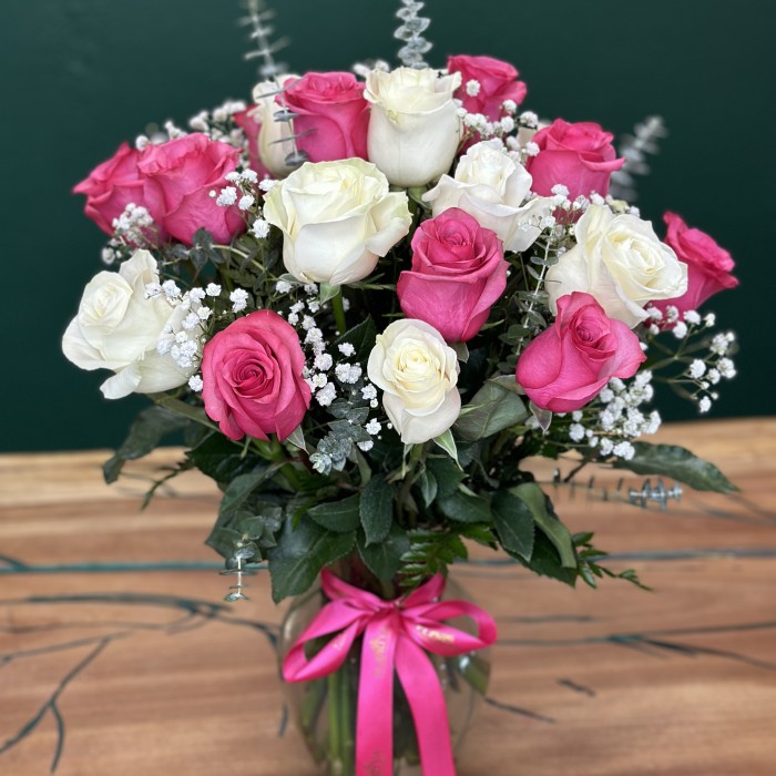 Premium Long-Stem White and Hot Pink Roses in a Vase (Vase Included)