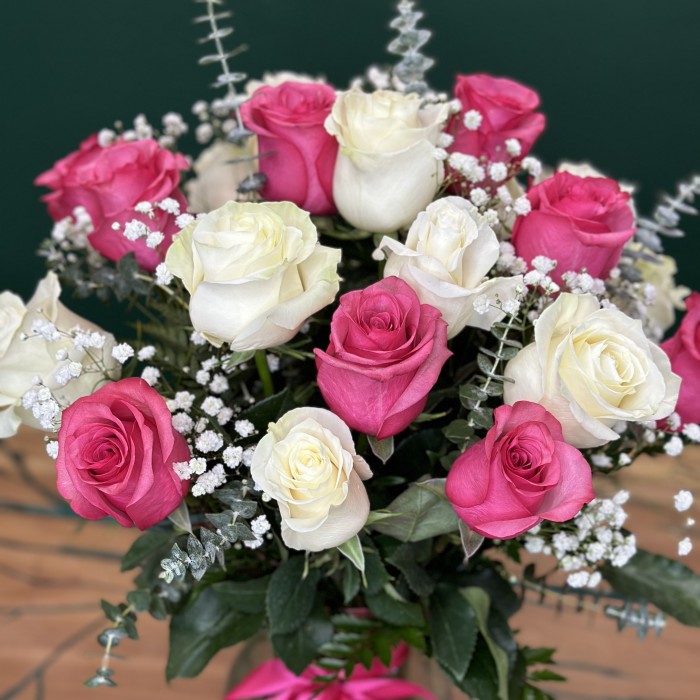 Premium Long-Stem White and Hot Pink Roses in a Vase (Vase Included)