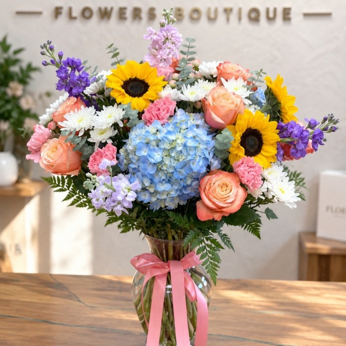 Jardín del Sol sunflower and hydrangea vase arrangement