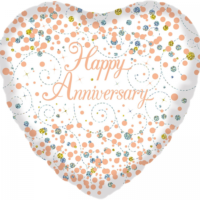 18" Sparkling Fizz Happy Anniversary White & Rose Gold Holographic Oaktree Foil Balloon Floriya Flowers